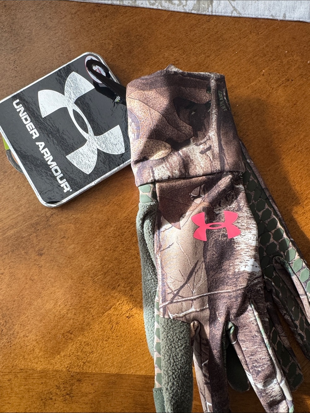 Under Armour Camo Hunting Gloves with Pink Logo